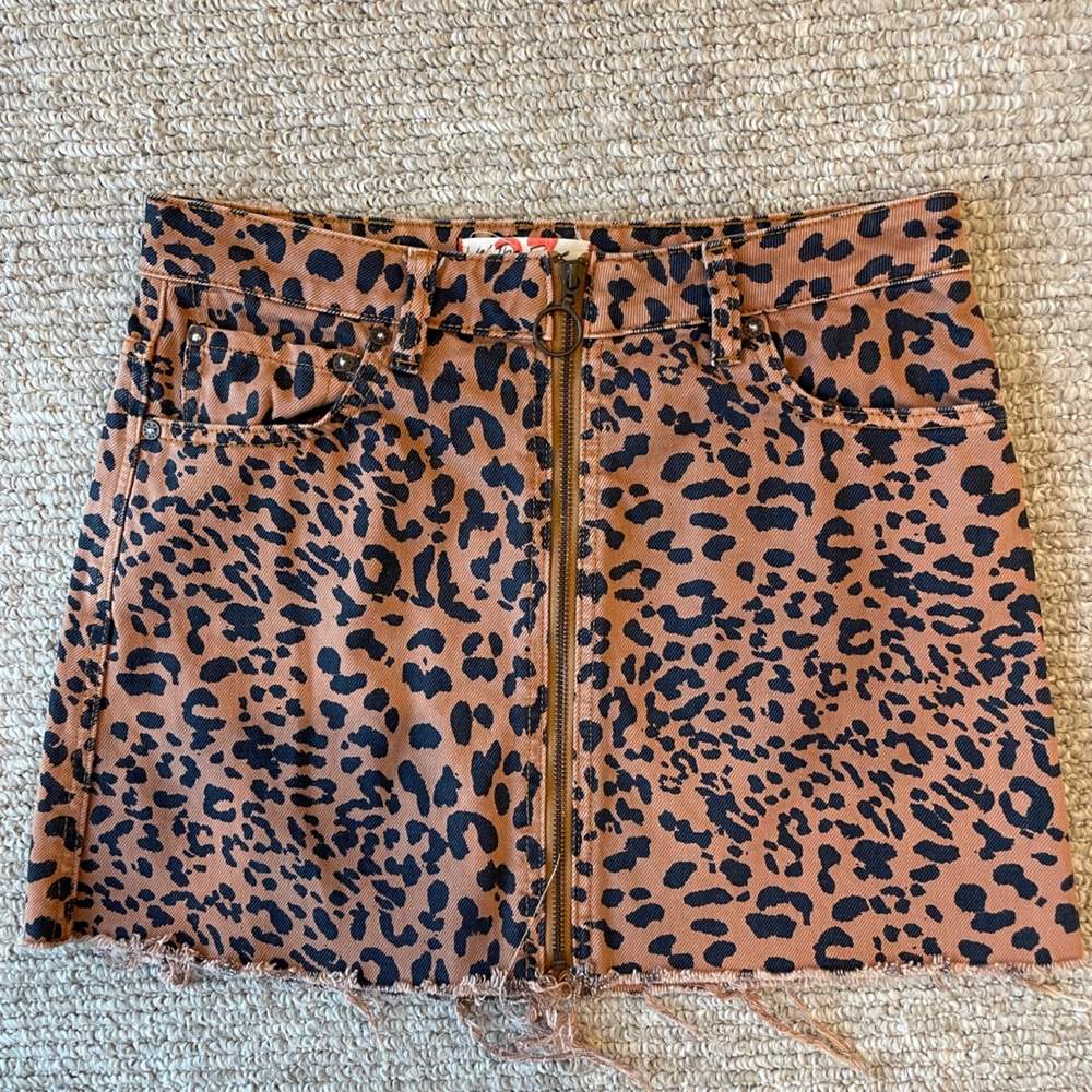 Free people Cheetah print denim zip up mini skirt